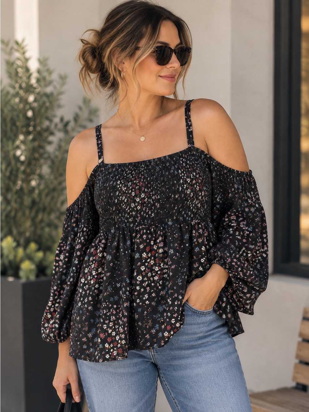 Torrid Black Floral Smocked Cold Shoulder Babydoll Top Size 0